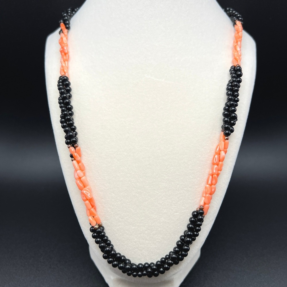 Vintage Coral Black Onyx Twist Beaded Necklace Multi Strand Torsade Fishhook 24"